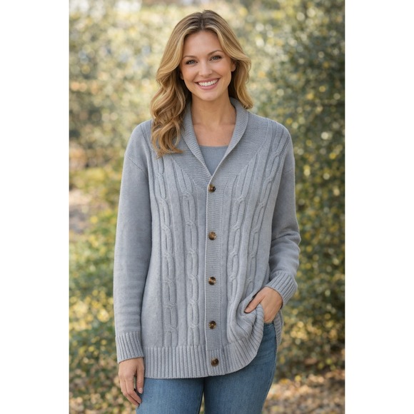 Cable Knitt Long Button Up Cardigan Size XXL Gray Casual Old Money - Picture 1 of 9